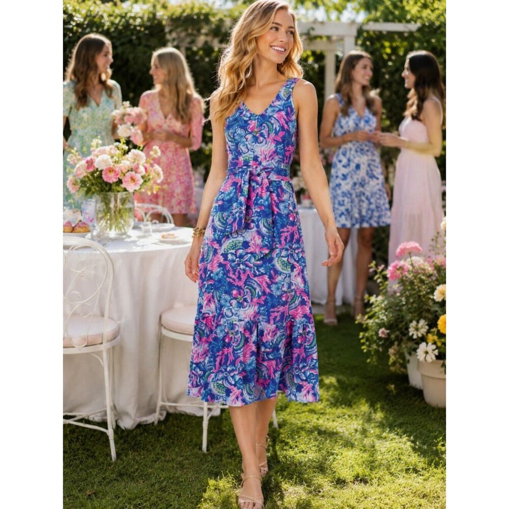 NWT Lilly Pulitzer Madsen V-neck Midi Dress blue Tang Sitting Seaside Medium